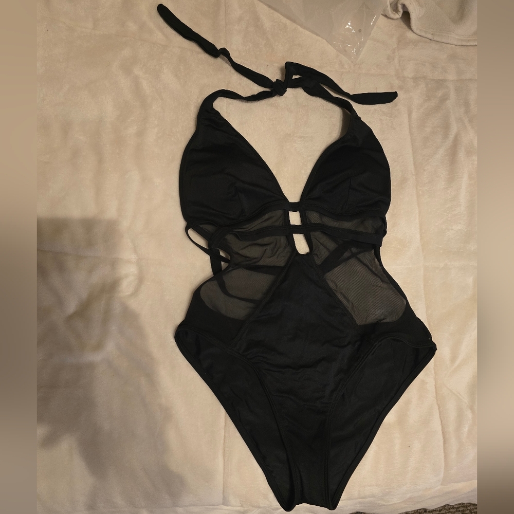 Black Mesh Cutout One-Piece Summer Swimsuit